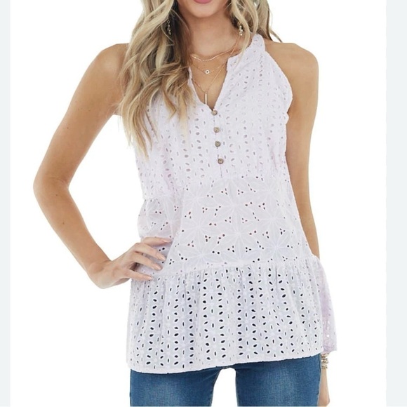 STACCATO, NWOT WOMENS SLEEVELESS, TIERED TOP IN LILAC. 100% COTTON EYELET.SIZE S - Picture 1 of 9